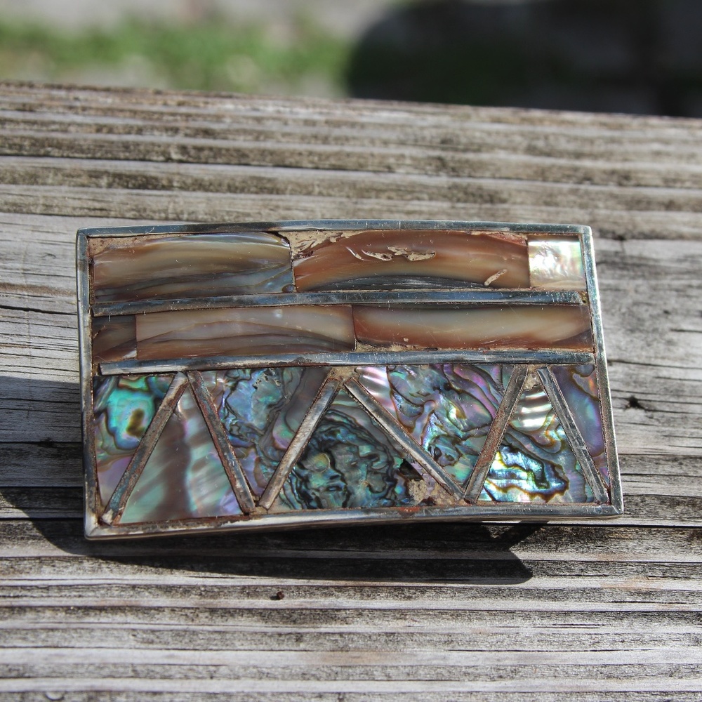 Vintage Mexico Alpaca Silver Abalone Inlay Mosaic Belt Buckle Signed